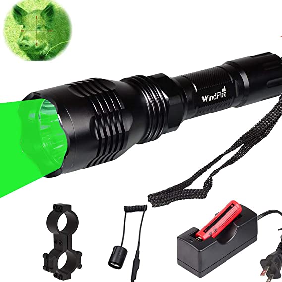 WINDFIRE WF-802 Green LED Coyote Hog Hunting Light Set 350 Lumens Tactical Flashlights 250 Yard Long Range Throwing Green LED Light &amp; Pressure Switch Barrel Mount