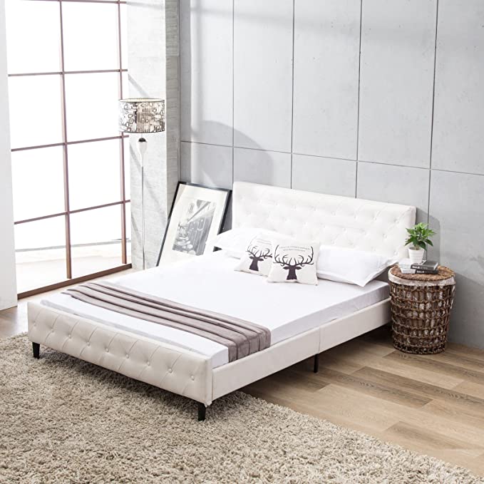 Mecor Upholstered Faux Leather Platform Bed with Solid Wooden Slat Support and Button Tufted Headboard and Footboard-Queen Size- White